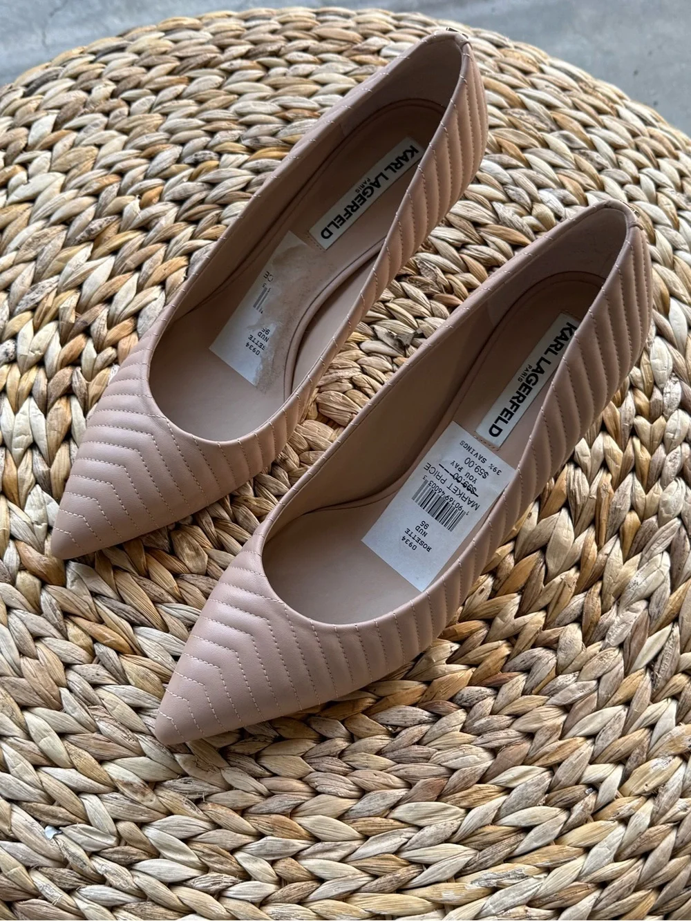 Karl Lagerfeld Quilted Pointed Toe Flats in Nude - Picture 2 of 7